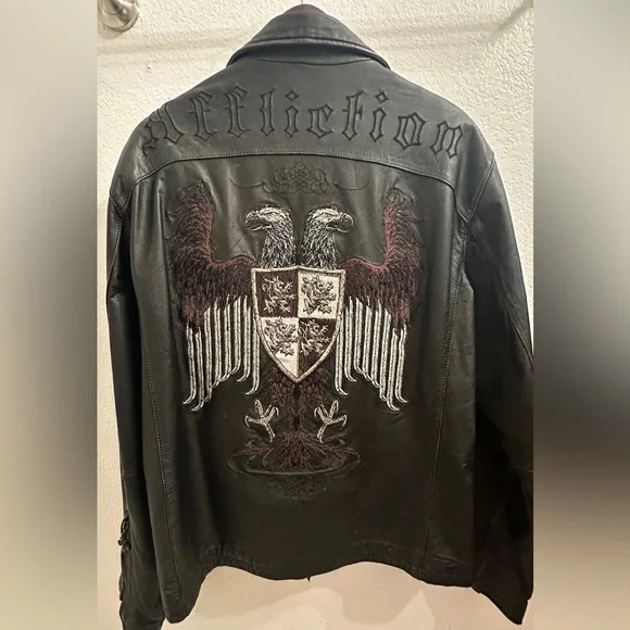 Vintage Affliction Black Leather Jacket with Embroidered Eagle - Picture 2 of 9